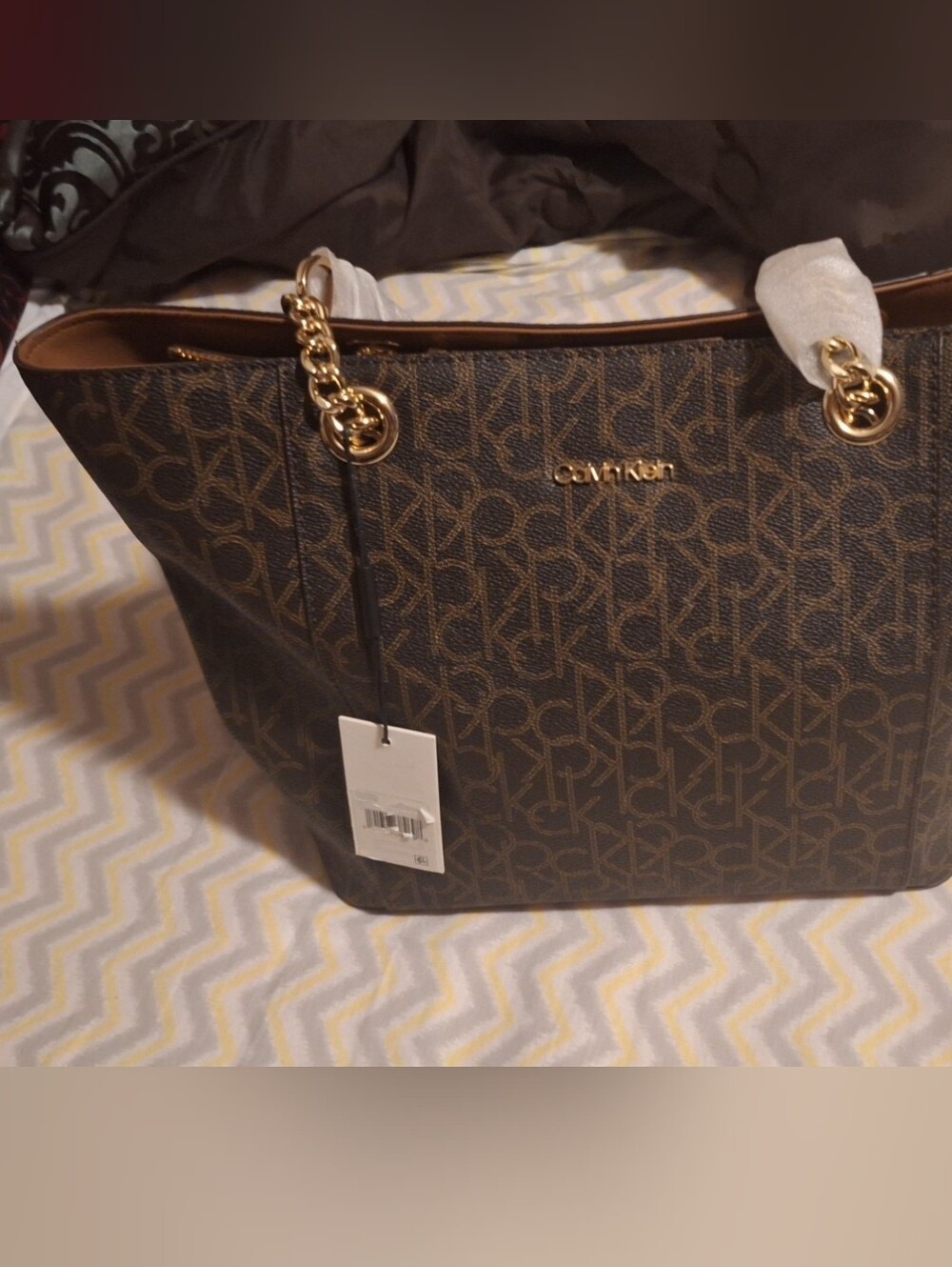 Calvin Klein Brown Monogram Tote with Gold Chain Handles